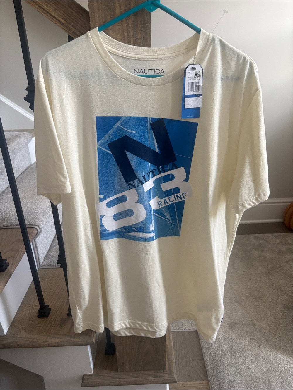 Nautica Men’s Cream Short-Sleeve Graphic Tee with Blue 83 Racing Print